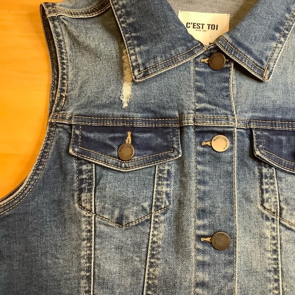 C'EST TOI Black Label Blue Distressed Denim Vest Size M - Picture 9 of 16